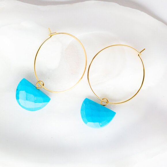 Faceted Turquoise Hoop Earrings – 18K Gold PVD Stainless Steel, Waterproof, Hypo - Picture 1 of 6